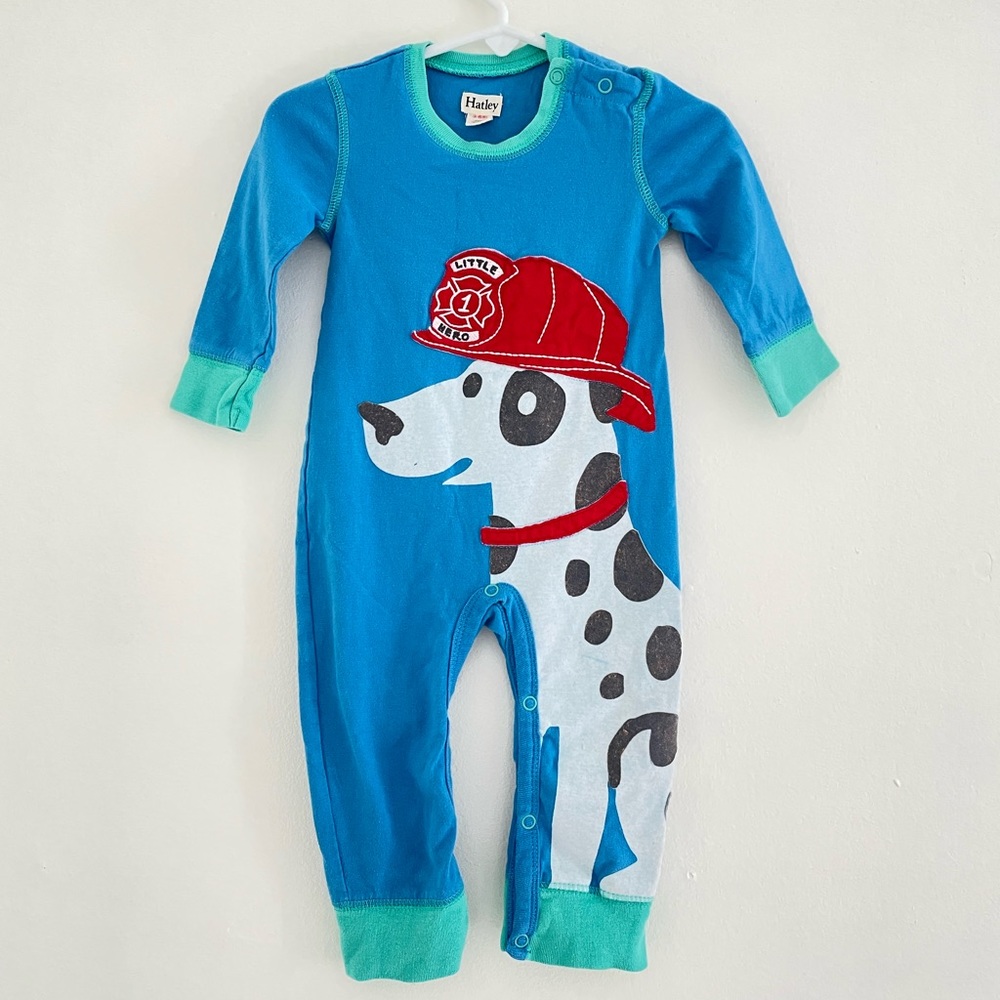 Hatley blue baby pajama onesie with Dalmatian firefighter dog, size 3-6 months